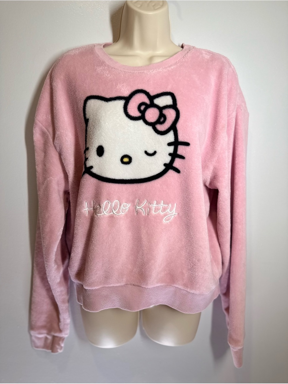Hello Kitty Pink Plush Crew Sweatshirt with Embroidered Face